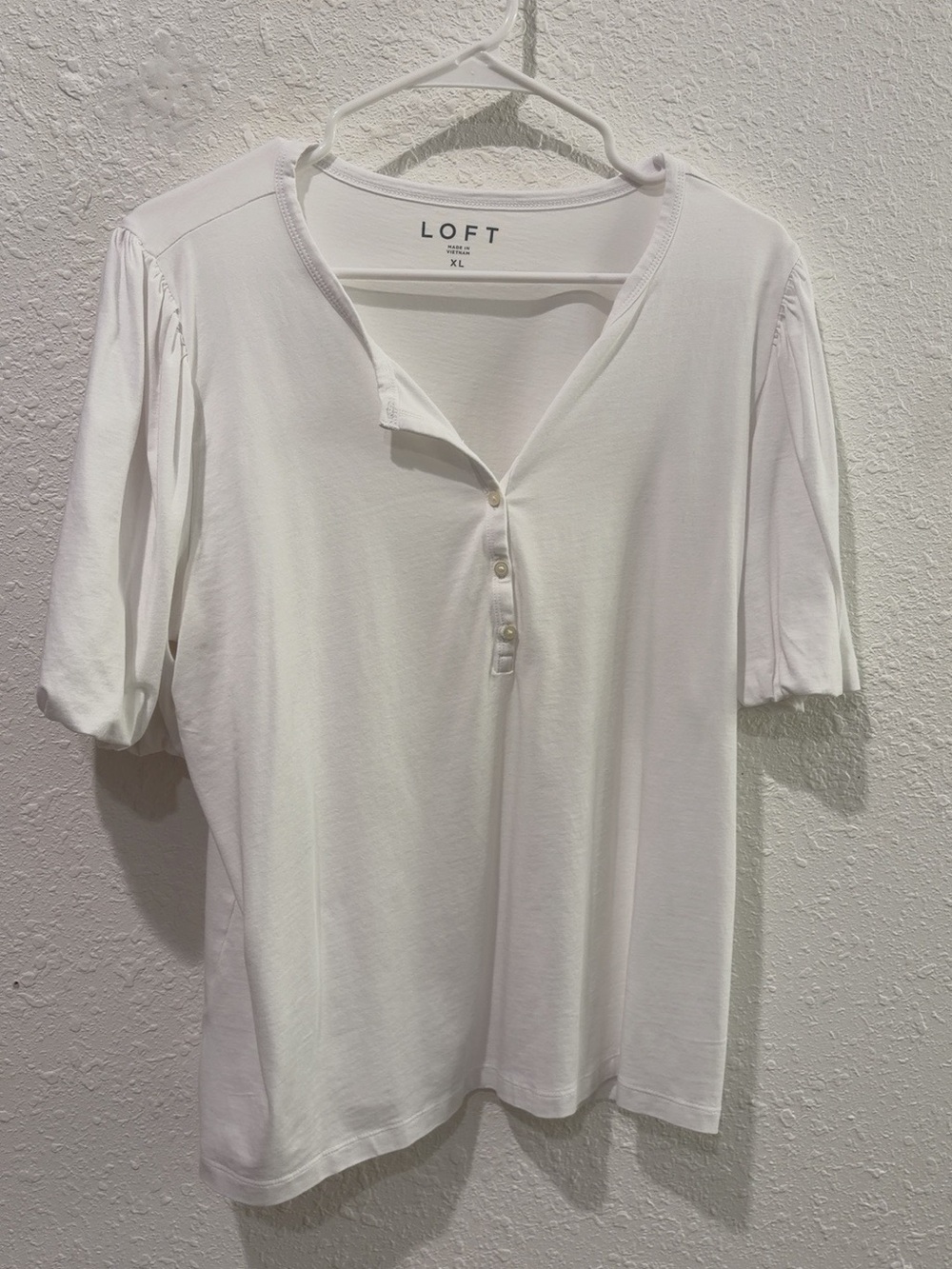 LOFT White Short-Sleeve Henley with Puff Sleeves